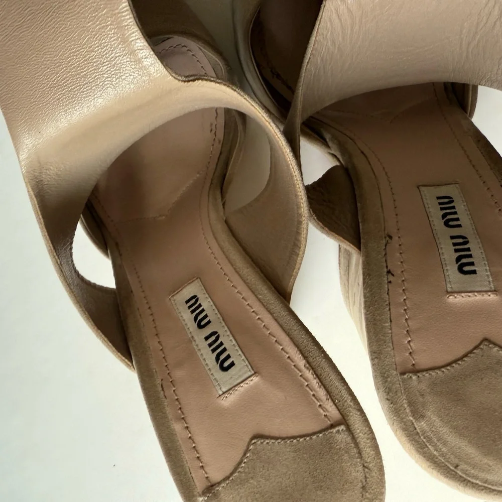 Miu Miu  Neutral Taupe Wedge Sandals